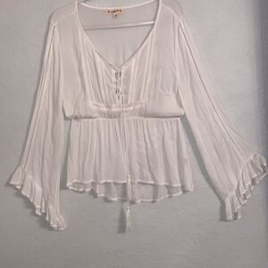 Magnolia Boutique White Rayon Boho Blouse Flare Sleeve Size M